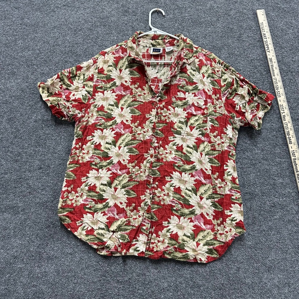 C.S.T. Sport Shirt Womens Size 1X Red Rayon Blend Floral Tropical Short Sleeve